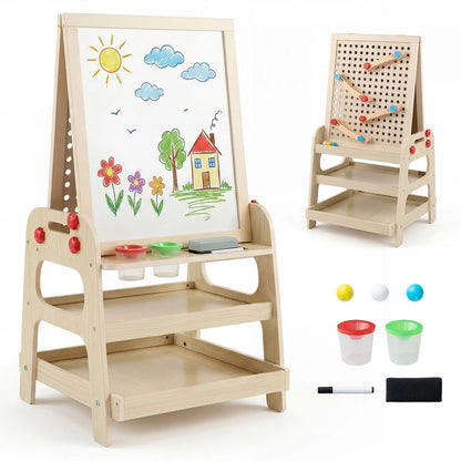 2-in-1 Wooden Easel for Kids with Magnetic Whiteboard and Marble Run Game
