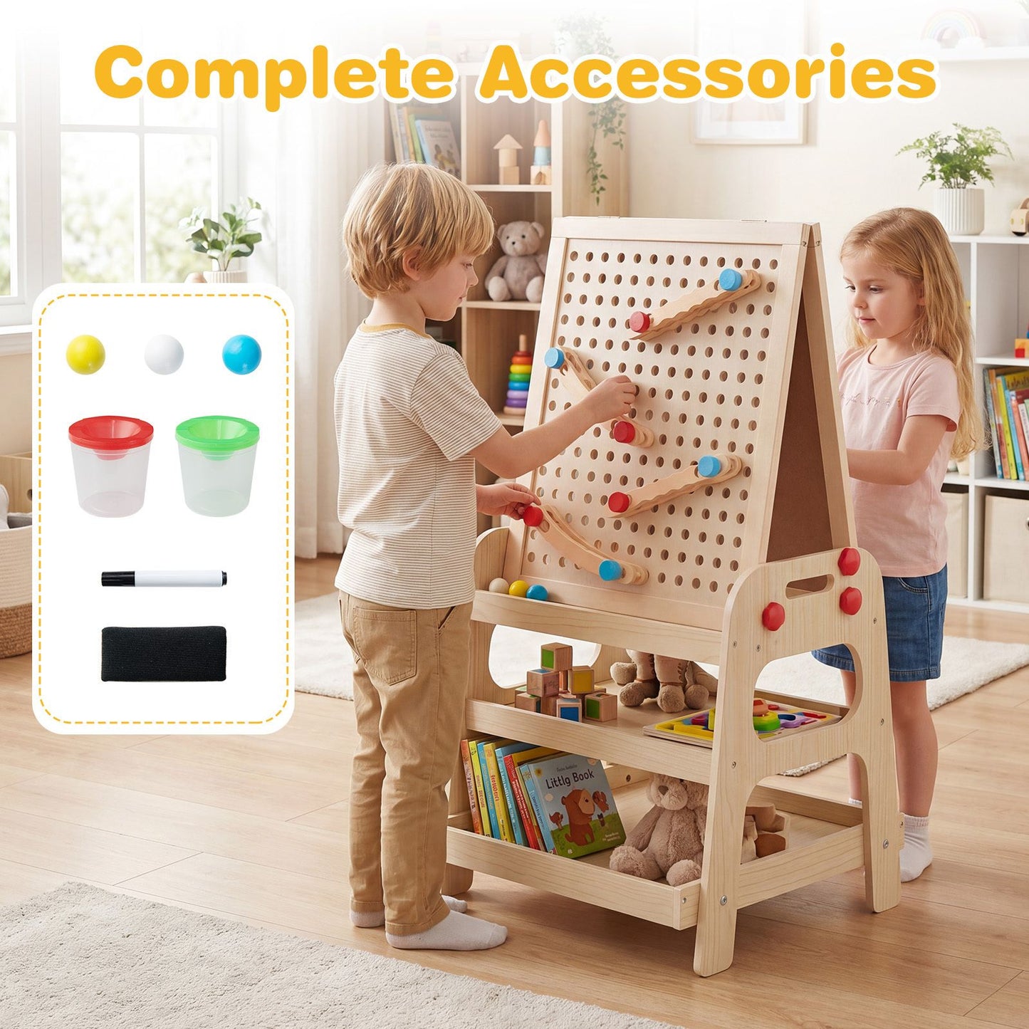 2-in-1 Wooden Easel for Kids with Magnetic Whiteboard and Marble Run Game