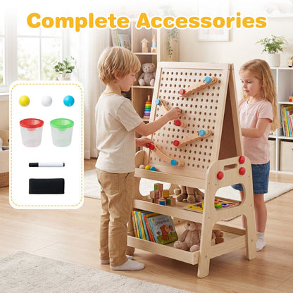 2-in-1 Wooden Easel for Kids with Magnetic Whiteboard and Marble Run Game
