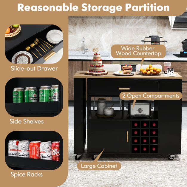 2-in-1 Kitchen Island Cart with Rubber Wood Top