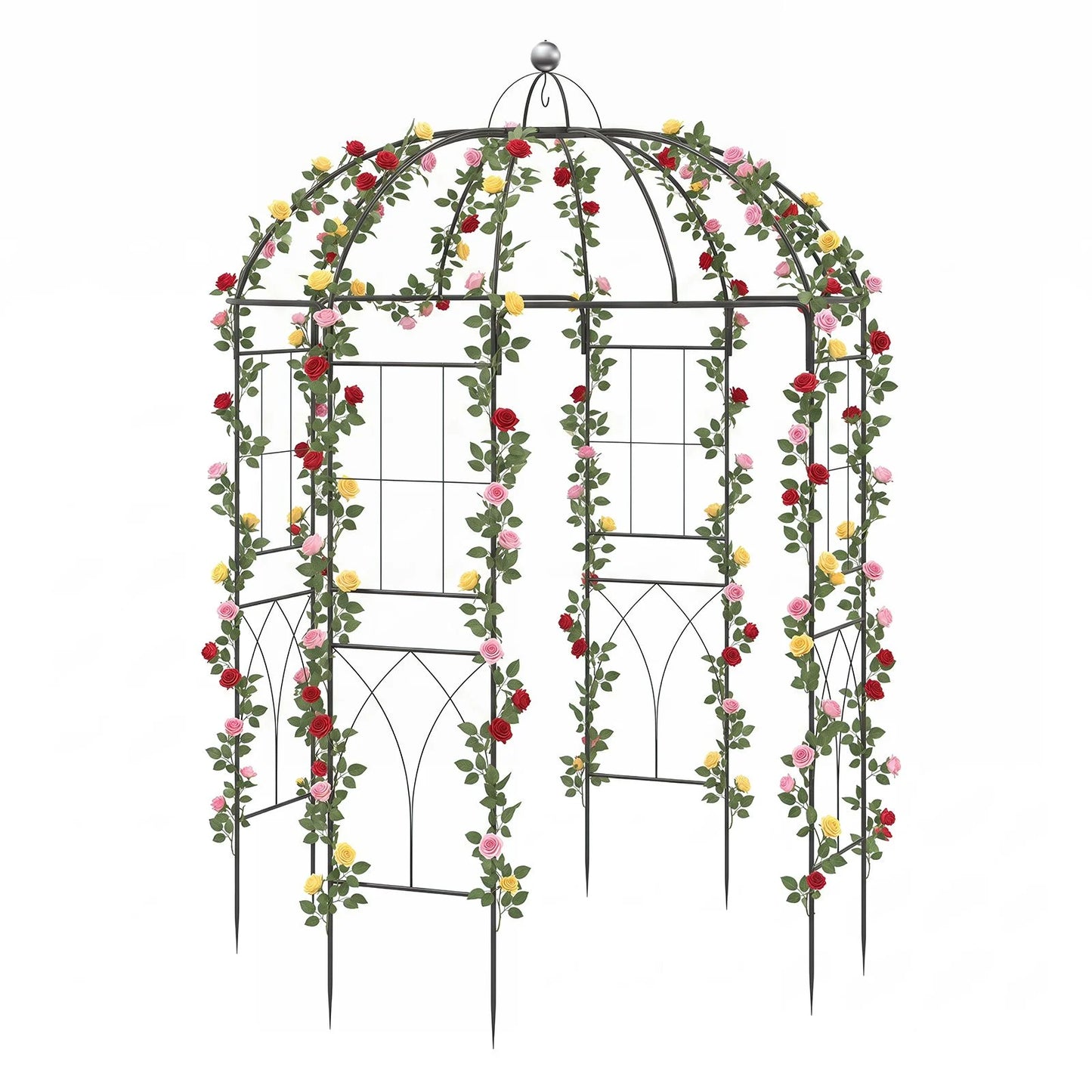 4-Sided Metal Garden Arch, Birdcage Shape Pergola Pavilion Arbor with Ground Spikes