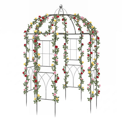 4-Sided Metal Garden Arch, Birdcage Shape Pergola Pavilion Arbor with Ground Spikes