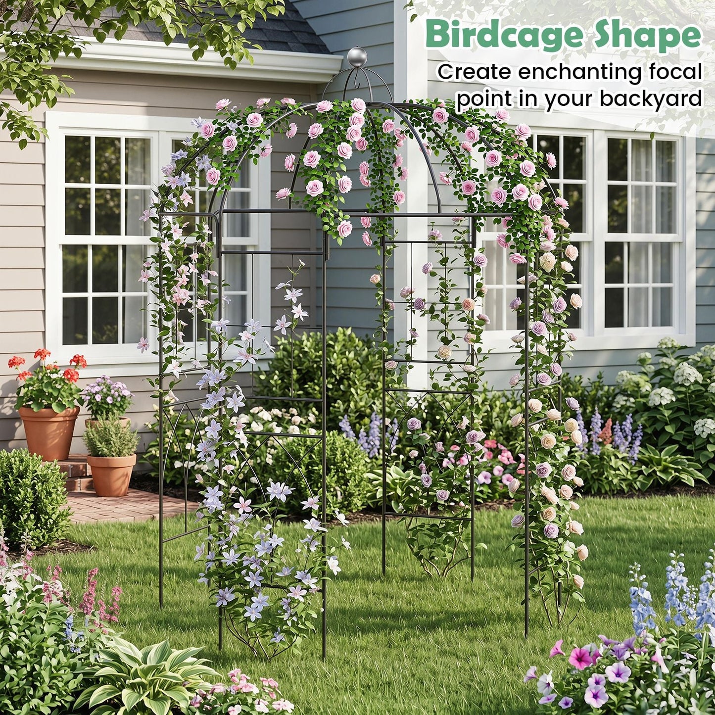 4-Sided Metal Garden Arch, Birdcage Shape Pergola Pavilion Arbor with Ground Spikes