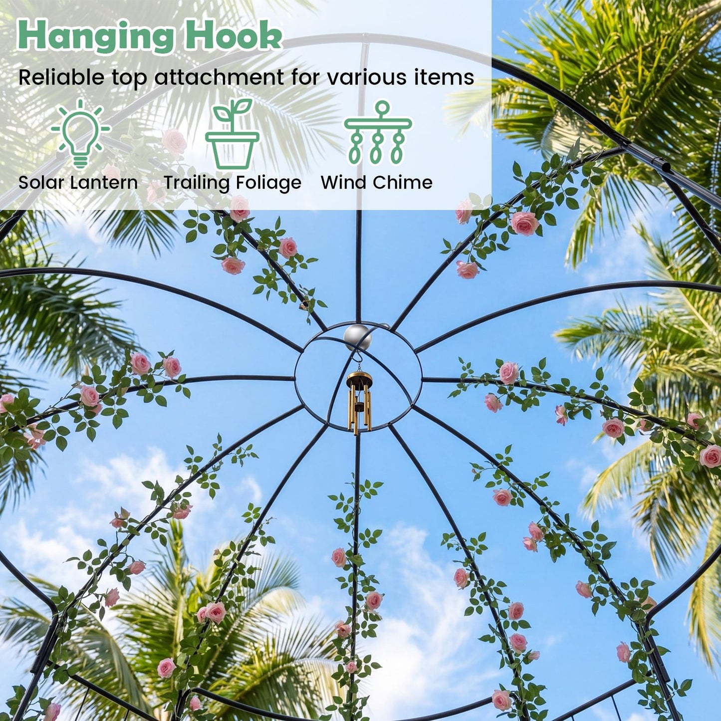 4-Sided Metal Garden Arch, Birdcage Shape Pergola Pavilion Arbor with Ground Spikes