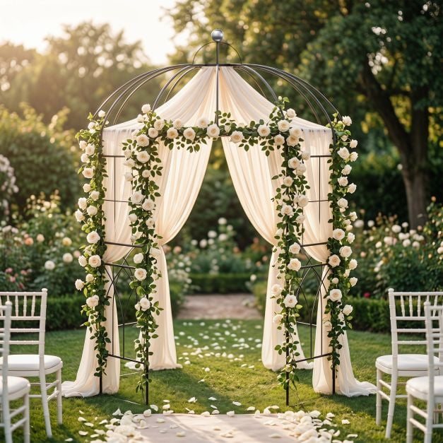 4-Sided Metal Garden Arch, Birdcage Shape Pergola Pavilion Arbor with Ground Spikes