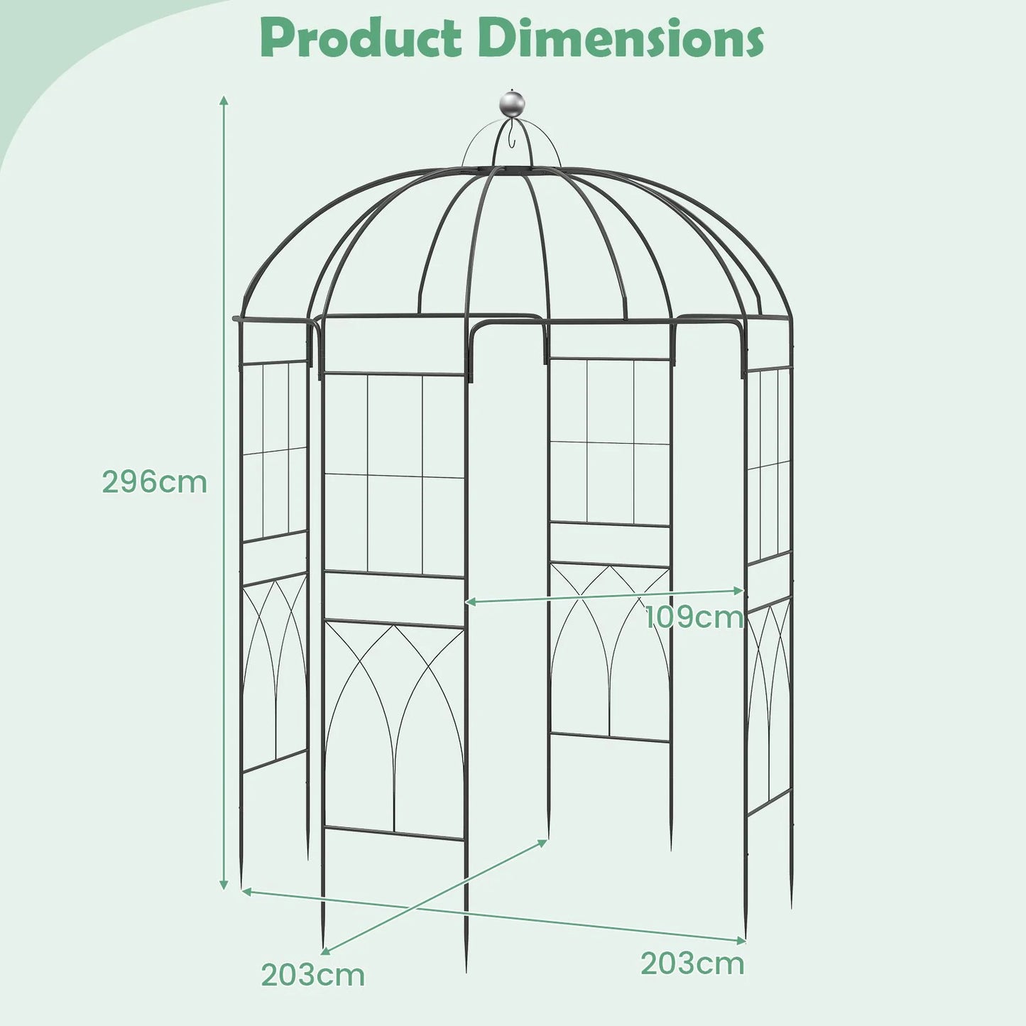 4-Sided Metal Garden Arch, Birdcage Shape Pergola Pavilion Arbor with Ground Spikes