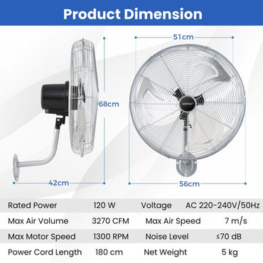 20 Inch Heavy Duty Metal Wall Mount Fan with 3 Fan Speeds