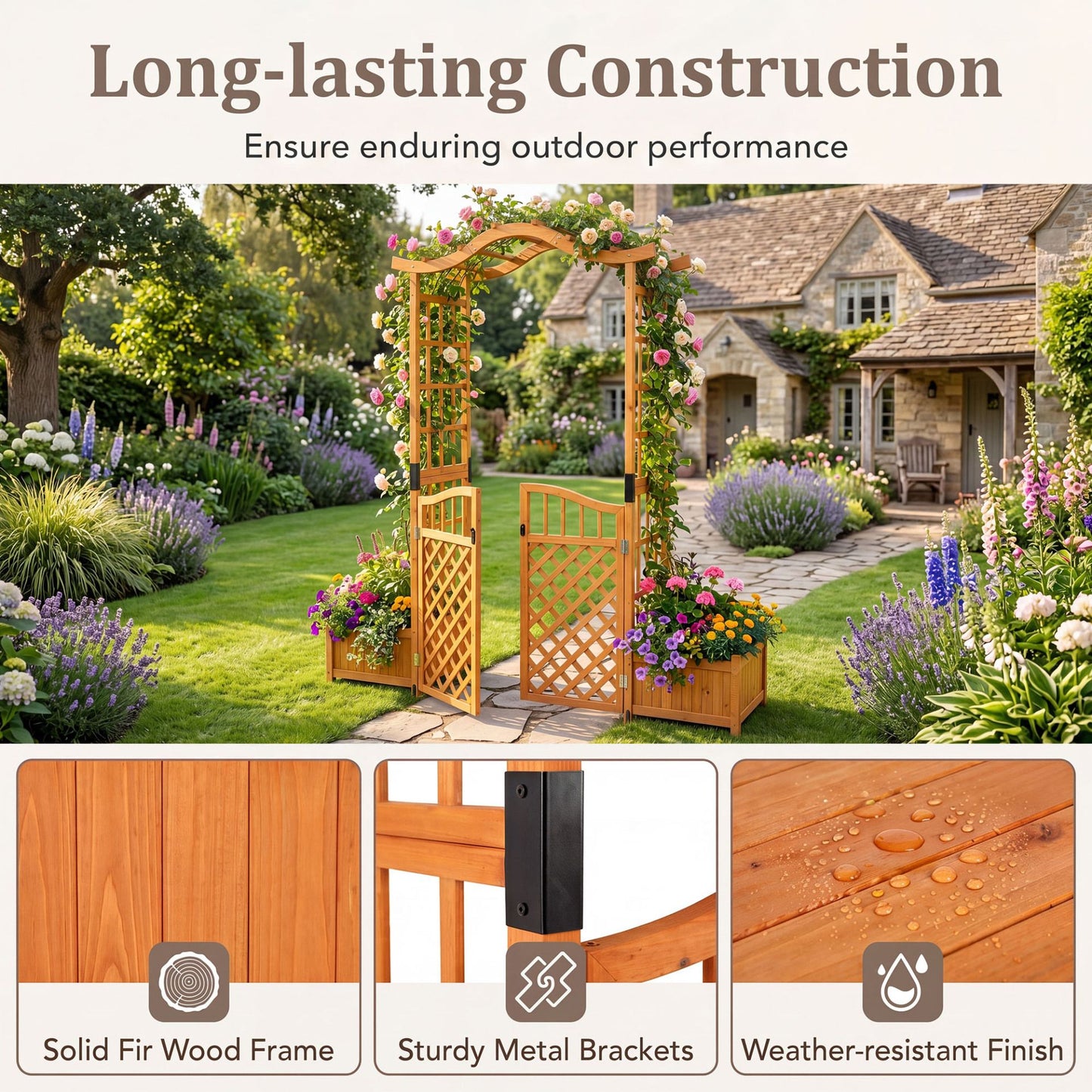 210 cm Garden Arbor with Gate for Climbing Plants Wedding