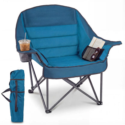 225 KG Heavy-Duty Metal Folding Upholstered Oxford Chair with Side Pockets and Cup Holder