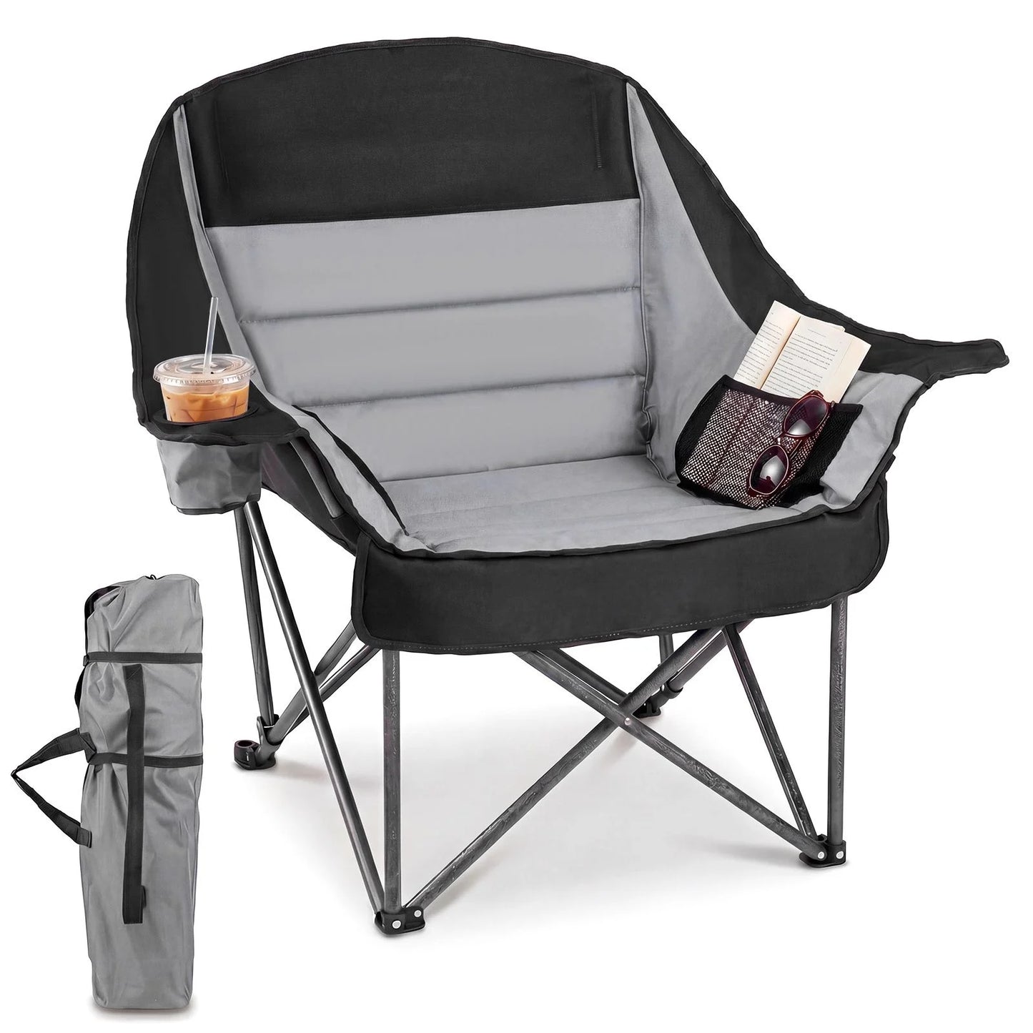 225 KG Heavy-Duty Metal Folding Upholstered Oxford Chair with Side Pockets and Cup Holder