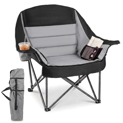 225 KG Heavy-Duty Metal Folding Upholstered Oxford Chair with Side Pockets and Cup Holder