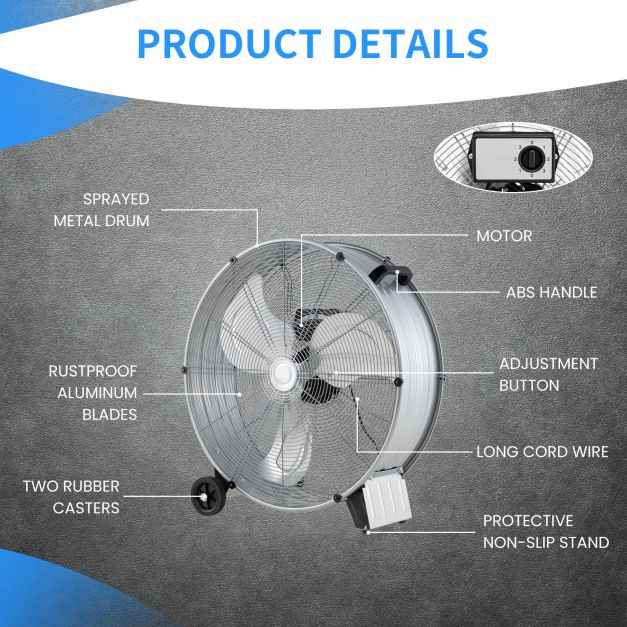 24 Inch High-Velocity Industrial Floor Fan with Wheels and Handle