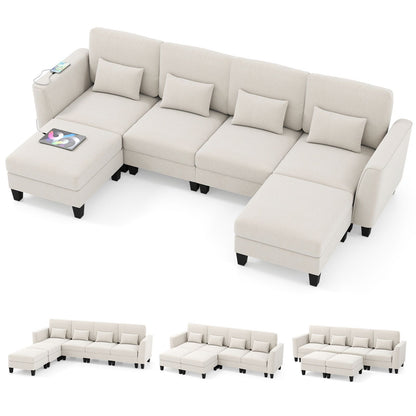 280 cm U-Shaped Sectional Sofa with 2 Ottomans & USB Charging Ports
