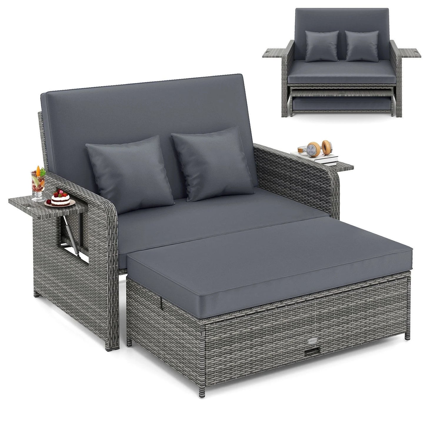 Garden Rattan Daybed, 4-Level Adjustable Patio Wicker Loveseat Sofa Bed Sun Lounger