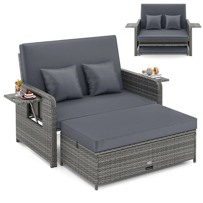 Garden Rattan Daybed, 4-Level Adjustable Patio Wicker Loveseat Sofa Bed Sun Lounger