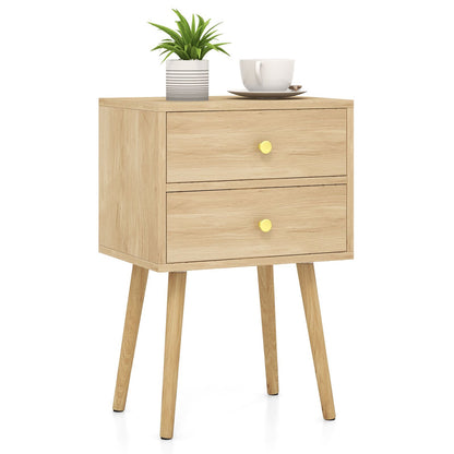 2-Drawer Nightstand with Solid Wood Legs for Bedroom