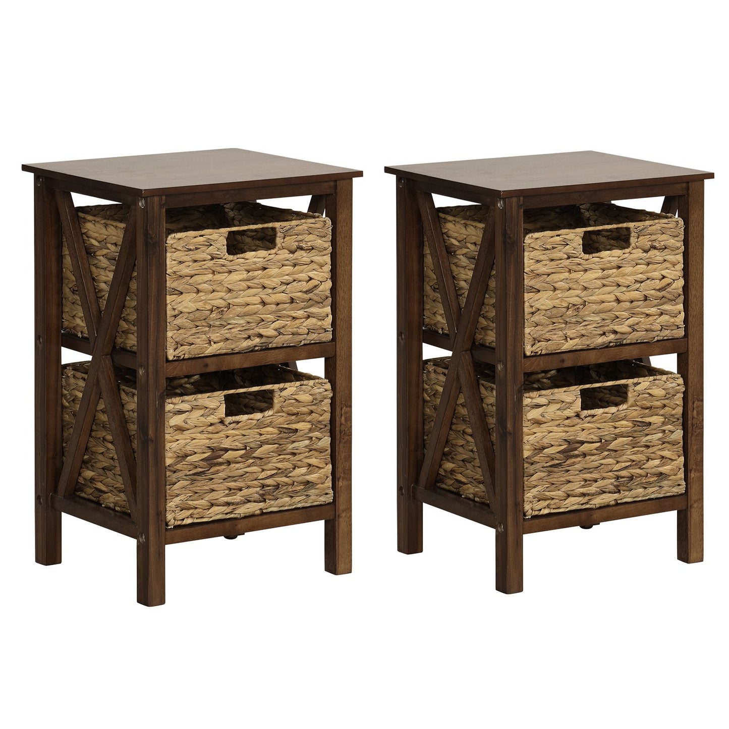 Sofa Side Table with Seagrass Baskets and Rubber Wood X-Shaped Frames and Acacia Wood Legs