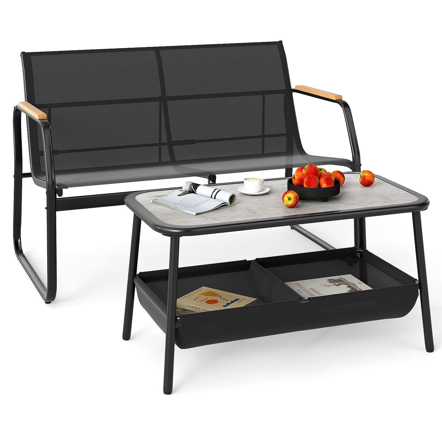 Giantex 2 Pieces Garden Furniture Set Outdoor Loveseat Bench and Coffee Table with 2 Storage Compartments