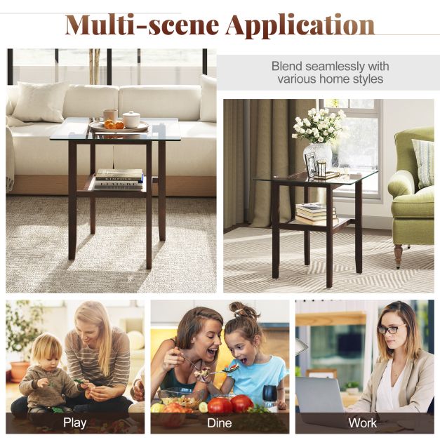 2-Tier End Table with Storage Shelf and Rubber Wood Frame
