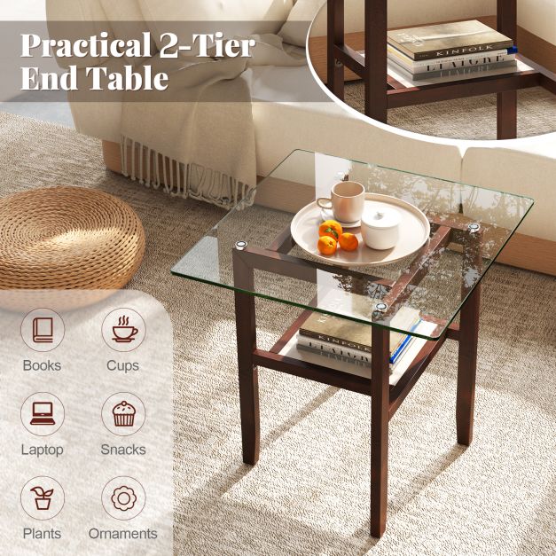 2-Tier End Table with Storage Shelf and Rubber Wood Frame