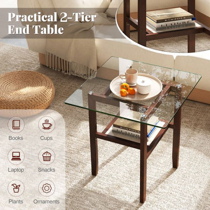 2-Tier End Table with Storage Shelf and Rubber Wood Frame