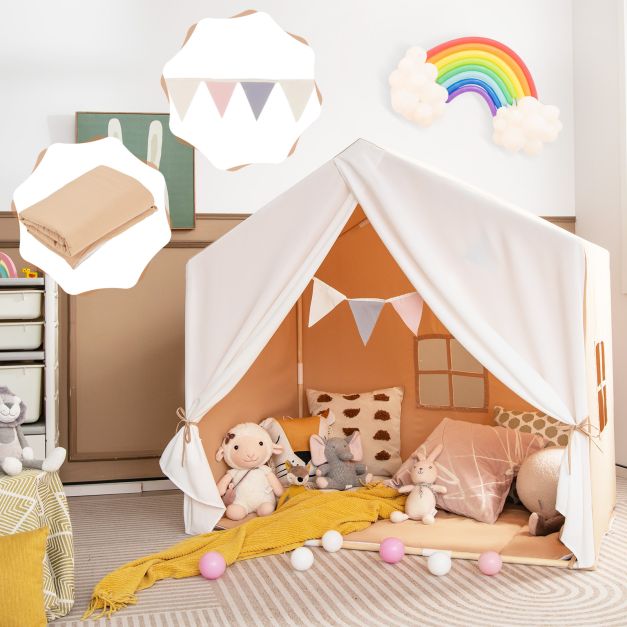 Large Kids Play Tent with Washable Cotton Mat and Flag Banner