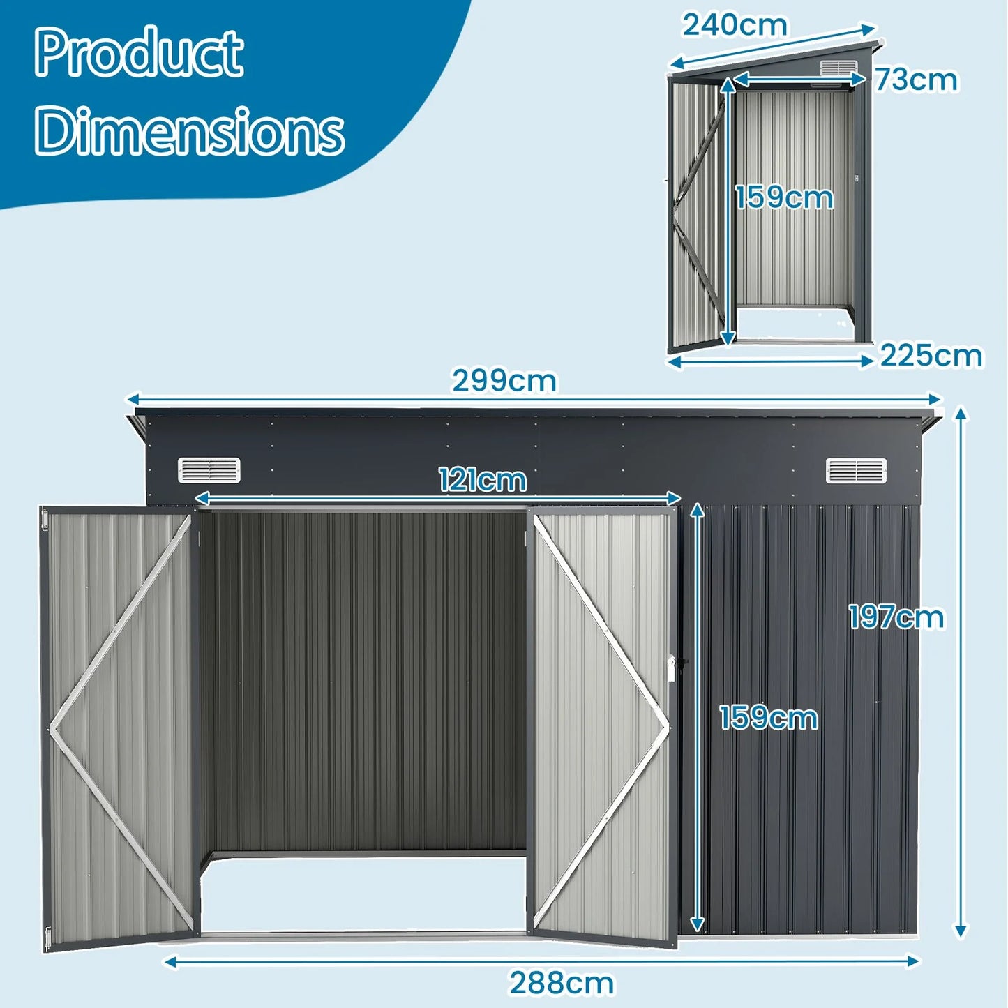 Triple Door Storage Shed with Galvanized Steel Tool and Bike Storage