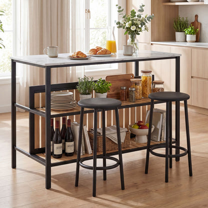 3-Piece Dining Table Set Kitchen Island and 2 Bar Stools Set with 2-Tier Storage Shelf