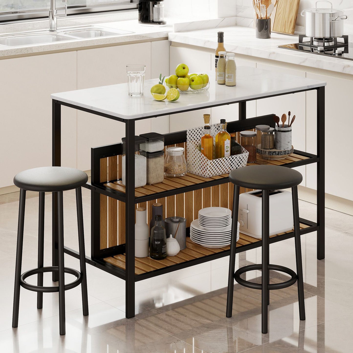 3-Piece Dining Table Set Kitchen Island and 2 Bar Stools Set with 2-Tier Storage Shelf