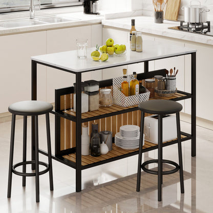 3-Piece Dining Table Set Kitchen Island and 2 Bar Stools Set with 2-Tier Storage Shelf