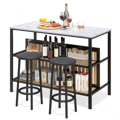 3-Piece Dining Table Set Kitchen Island and 2 Bar Stools Set with 2-Tier Storage Shelf