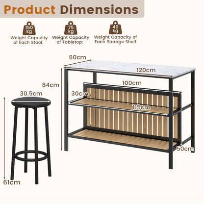 3-Piece Dining Table Set Kitchen Island and 2 Bar Stools Set with 2-Tier Storage Shelf