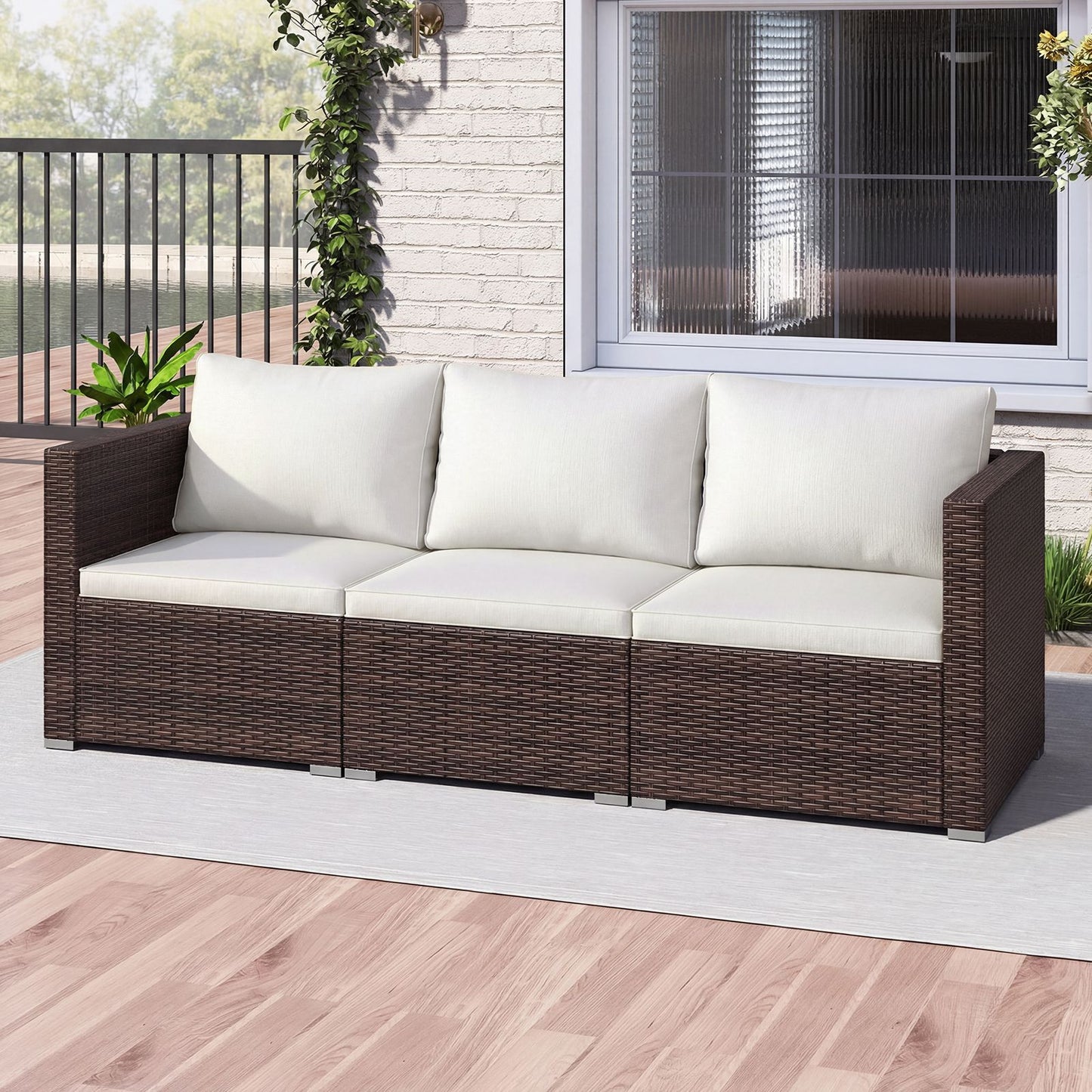 3-Piece Outdoor Wicker Sectional Sofa Set PE Rattan Modular Couch with Thick Cushions