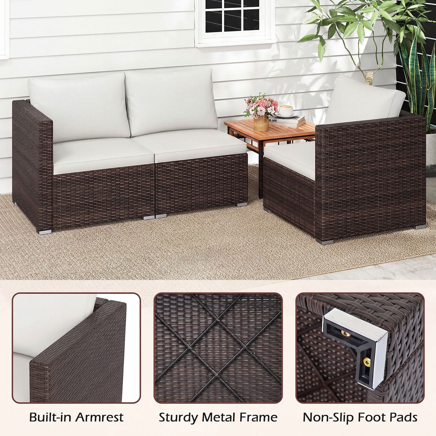 3-Piece Outdoor Wicker Sectional Sofa Set PE Rattan Modular Couch with Thick Cushions