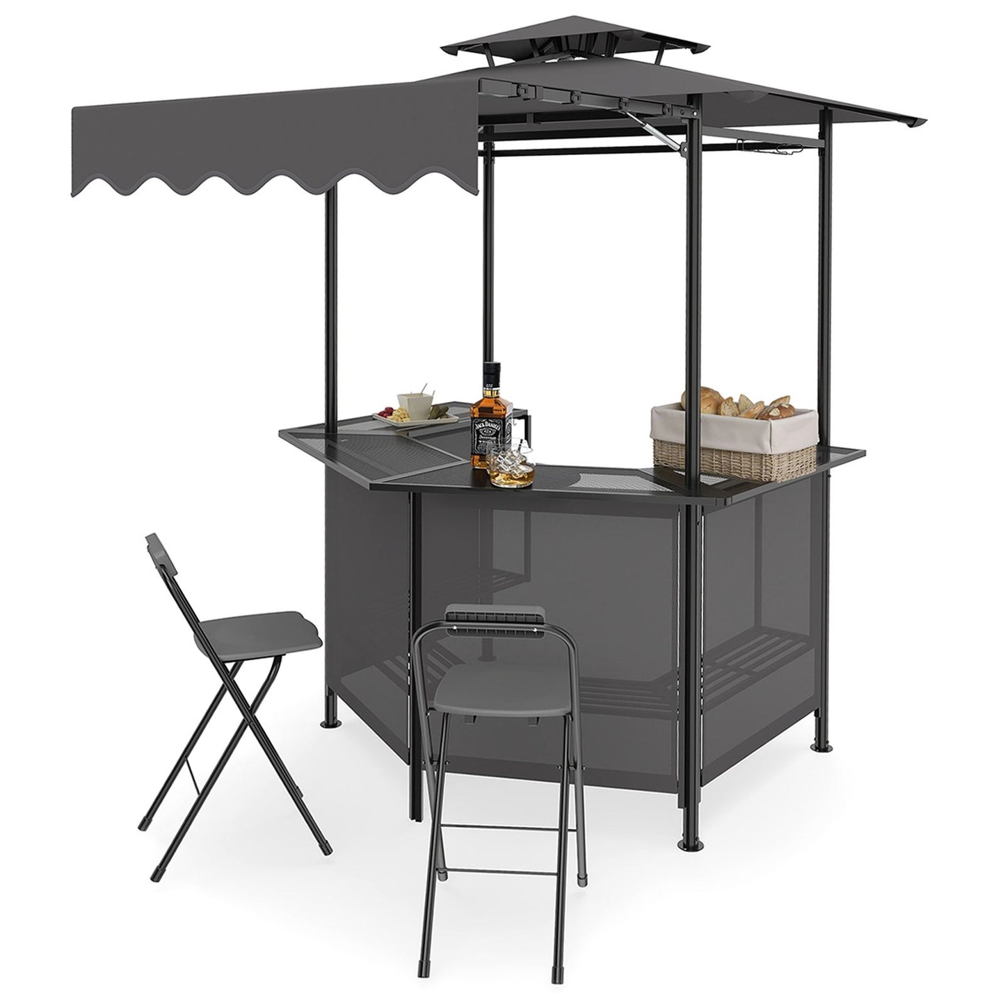 3-Piece Patio Bar Set and Outdoor BBQ Canopy with Bar Table and 2 Folding Bar Stools for Backyard