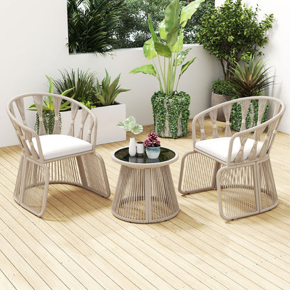 3 Piece Patio Leisure Chair Set Rope-Woven Armchairs and Table Set with Soft Seat Cushions