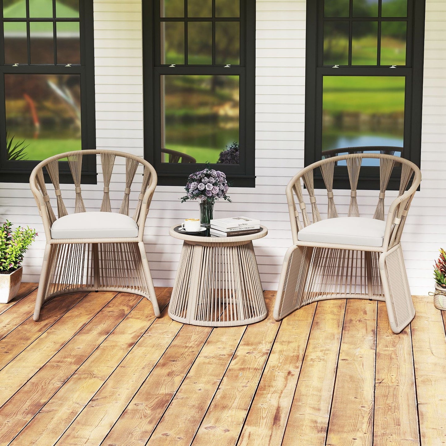3 Piece Patio Leisure Chair Set Rope-Woven Armchairs and Table Set with Soft Seat Cushions