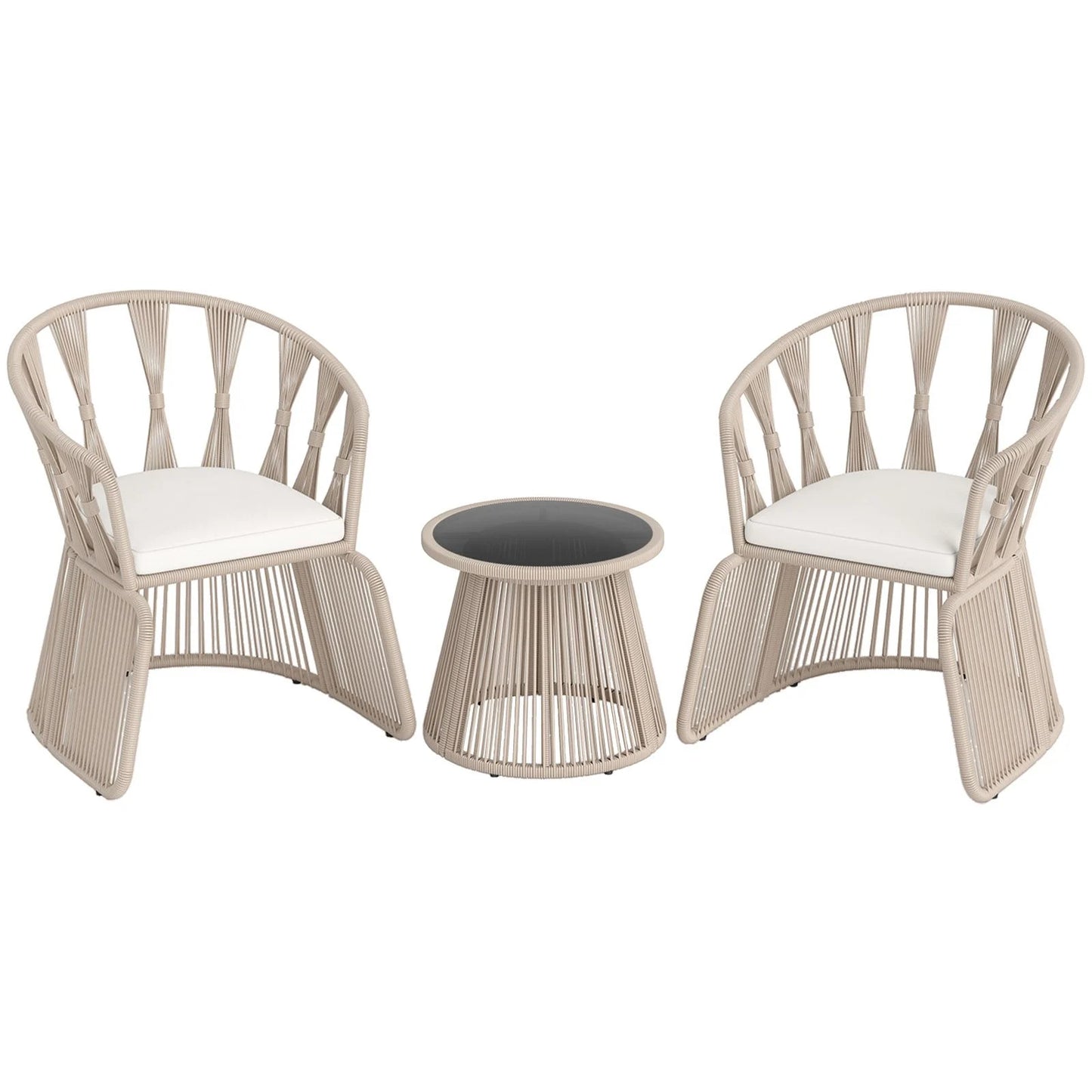 3 Piece Patio Leisure Chair Set Rope-Woven Armchairs and Table Set with Soft Seat Cushions