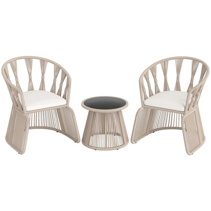 3 Piece Patio Leisure Chair Set Rope-Woven Armchairs and Table Set with Soft Seat Cushions