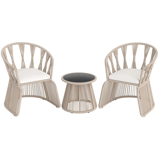3 Piece Patio Leisure Chair Set Rope-Woven Armchairs and Table Set with Soft Seat Cushions