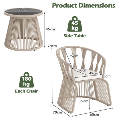 3 Piece Patio Leisure Chair Set Rope-Woven Armchairs and Table Set with Soft Seat Cushions