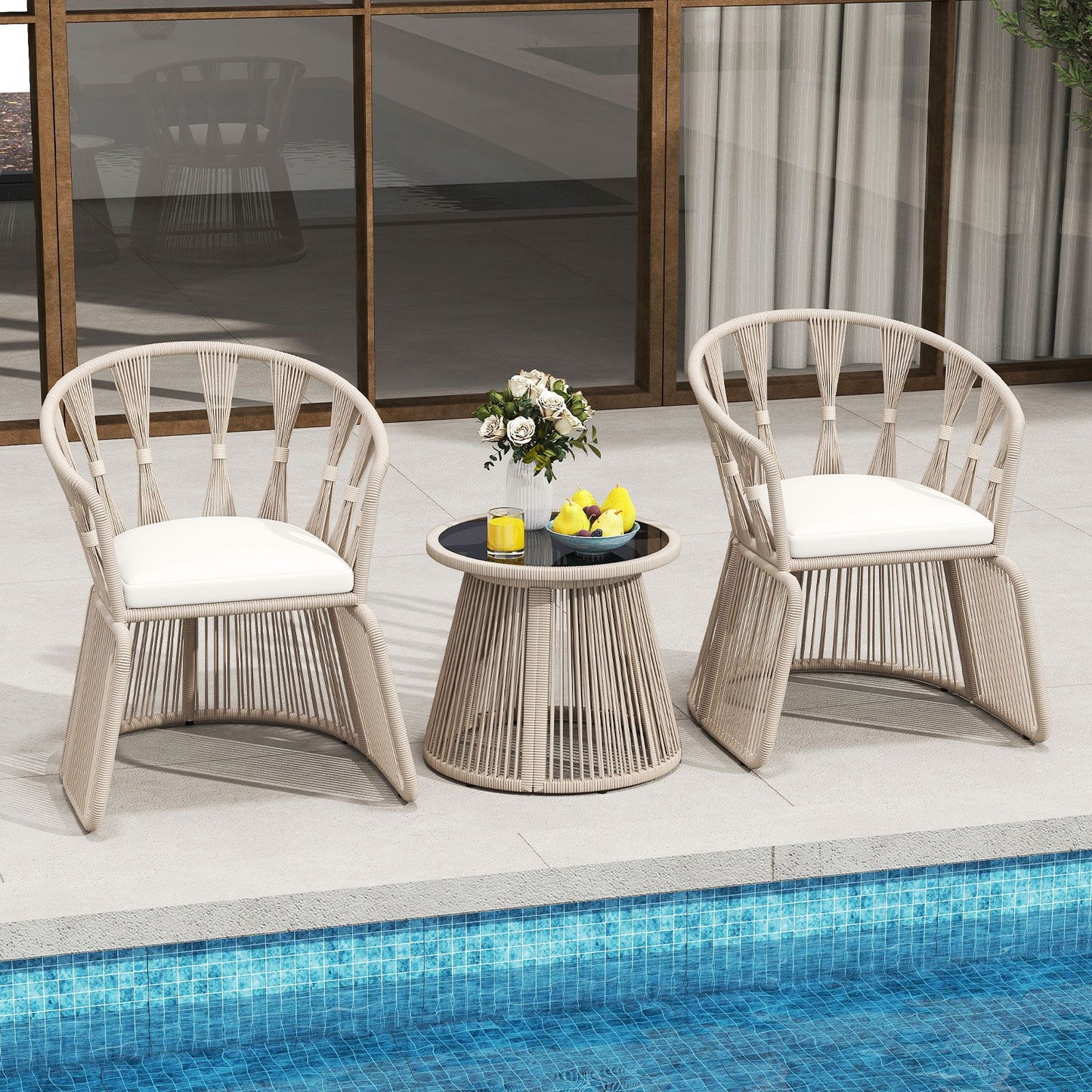 3 Piece Patio Leisure Chair Set Rope-Woven Armchairs and Table Set with Soft Seat Cushions