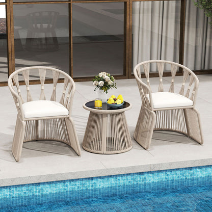 3 Piece Patio Leisure Chair Set Rope-Woven Armchairs and Table Set with Soft Seat Cushions
