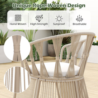 3 Piece Patio Leisure Chair Set Rope-Woven Armchairs and Table Set with Soft Seat Cushions