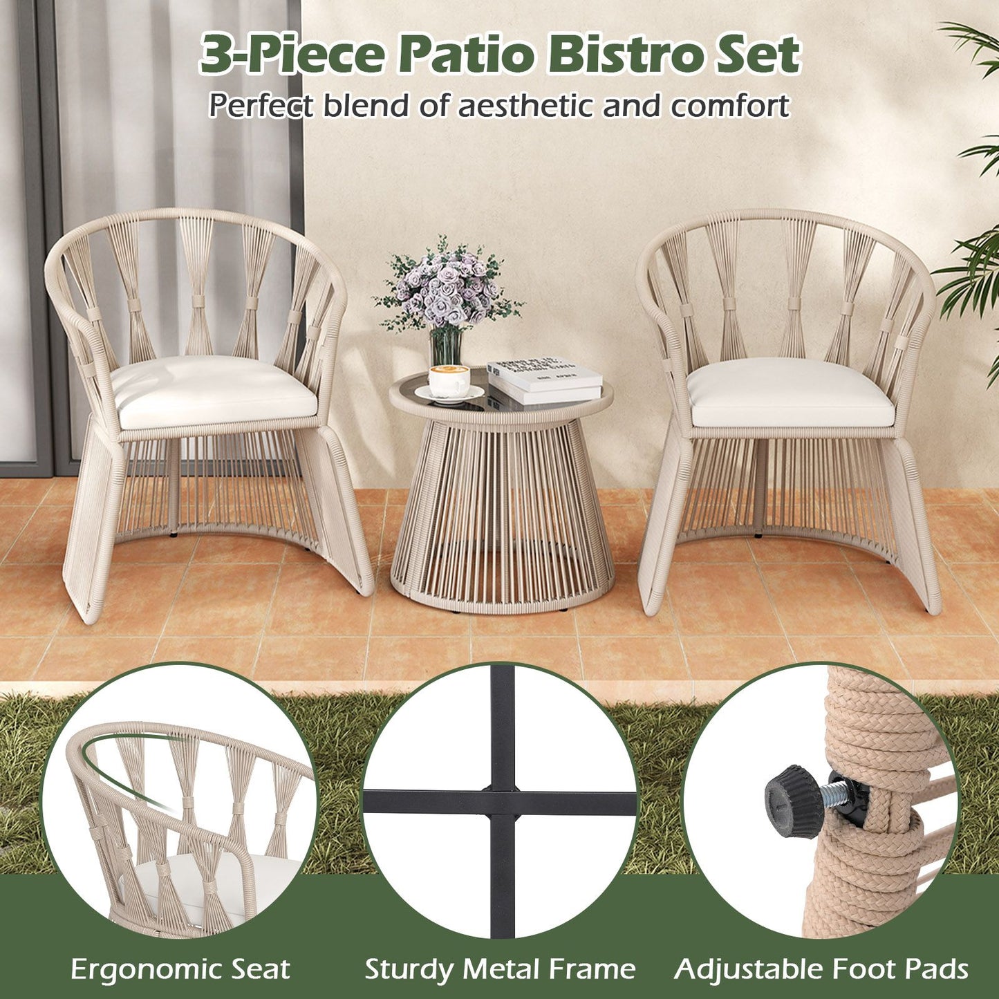 3 Piece Patio Leisure Chair Set Rope-Woven Armchairs and Table Set with Soft Seat Cushions