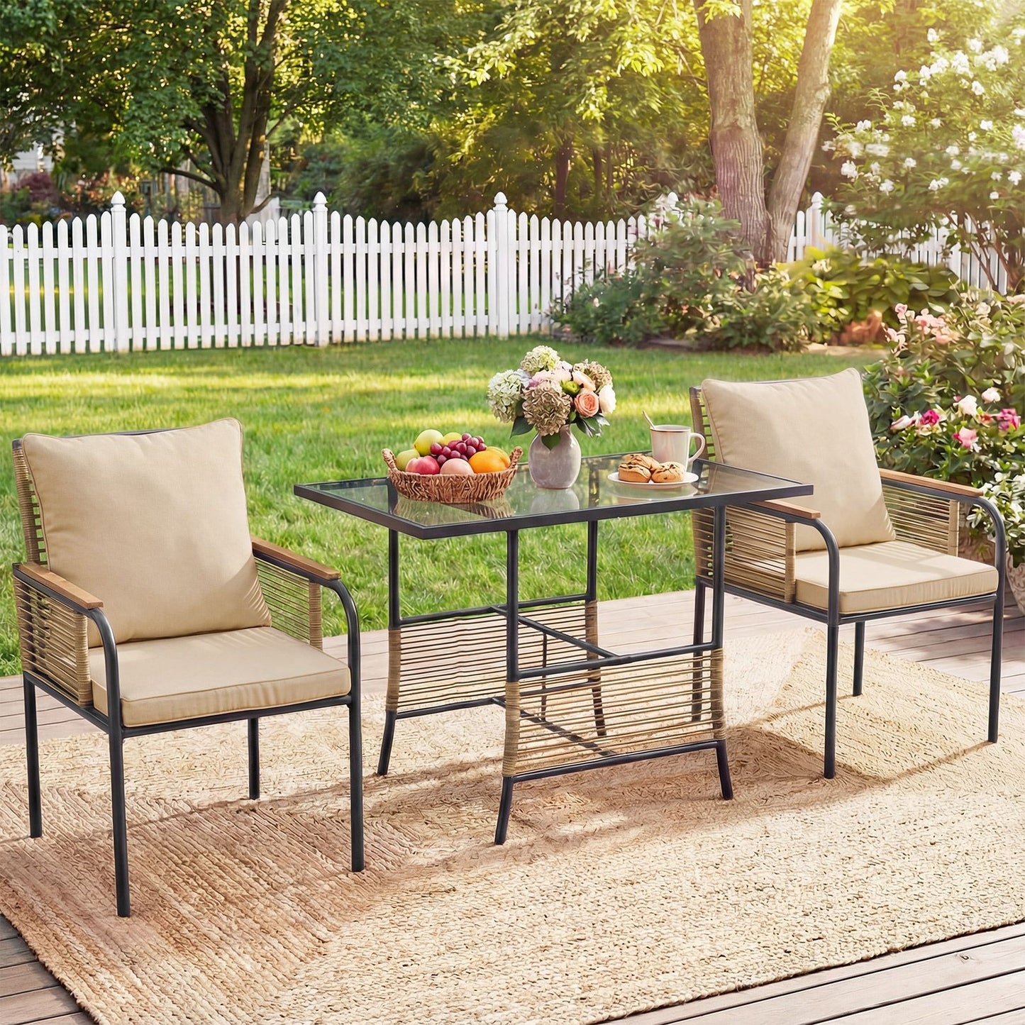 3 Pieces Patio Wicker Bistro Set with Cushions and Rattan Chairs for Balcony