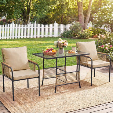 3 Pieces Patio Wicker Bistro Set with Cushions and Rattan Chairs for Balcony