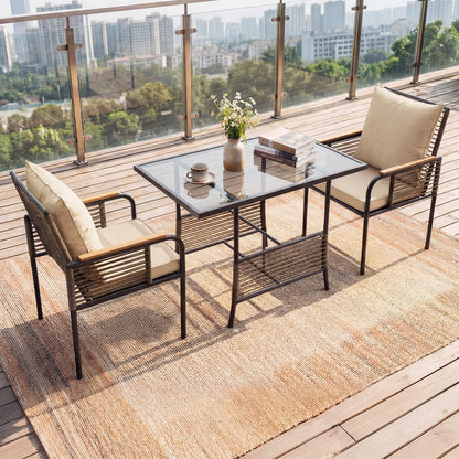 3 Pieces Patio Wicker Bistro Set with Cushions and Rattan Chairs for Balcony