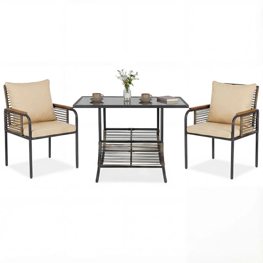 3 Pieces Patio Wicker Bistro Set with Cushions and Rattan Chairs for Balcony