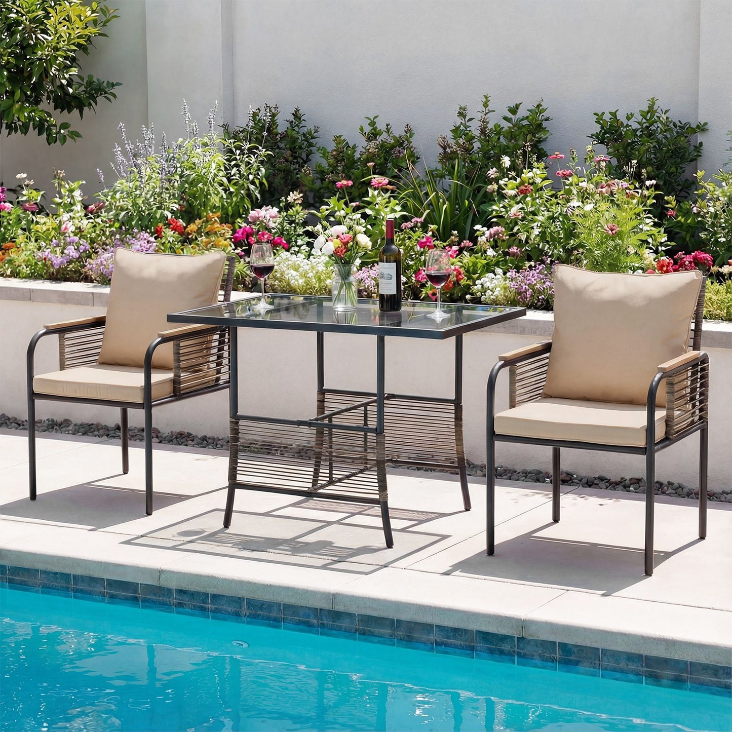 3 Pieces Patio Wicker Bistro Set with Cushions and Rattan Chairs for Balcony